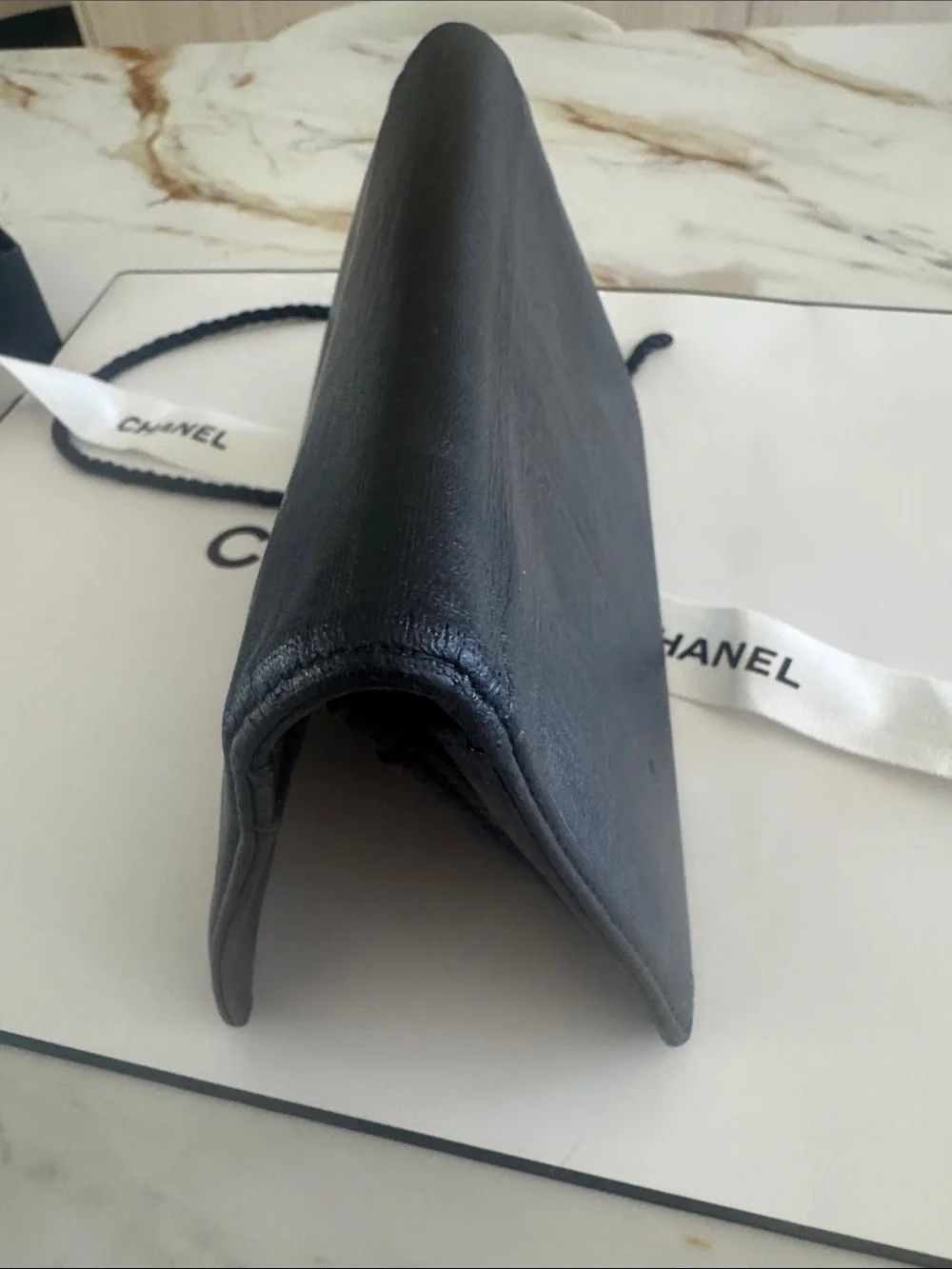 CHANEL Black Leather Bifold Wallet with Flap Pocket
